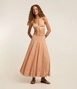 Saia Balonê Midi em Tricoline com Cós Largo