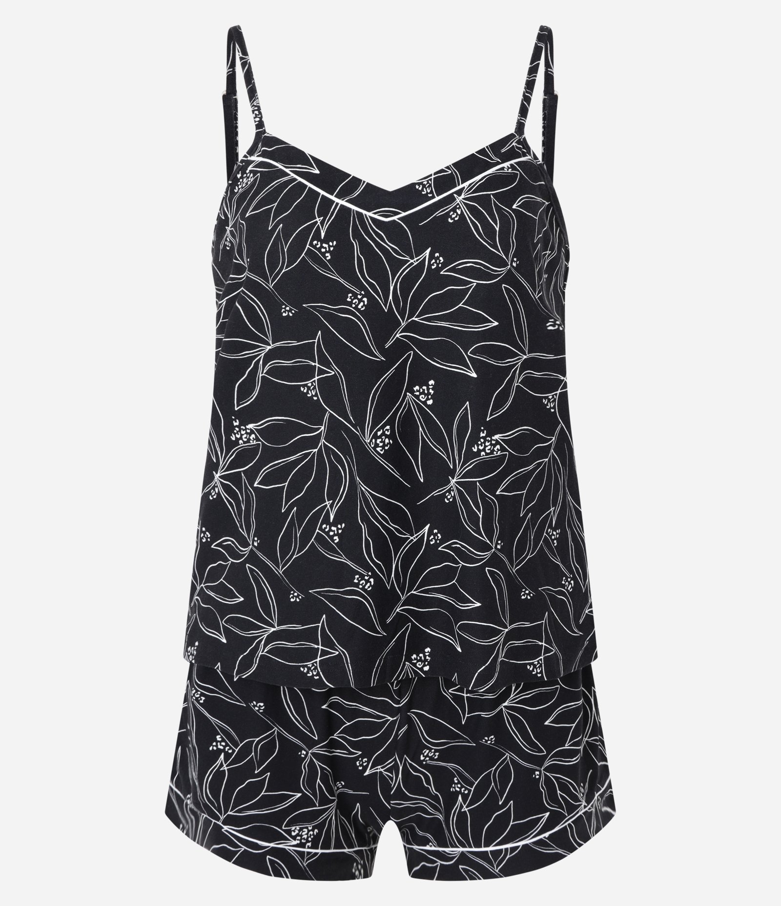 Pijama Short Doll Alcinha em Malha com Toque Suave e Estampa Folhagens Preto 4