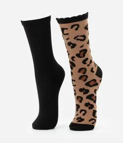 Kit 02 Meias Cano Alto em Poliamida com Estampa Animal Print Onça
