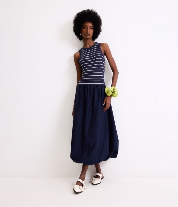 Vestido Balonê Midi Listrado em Ribana e Tricoline