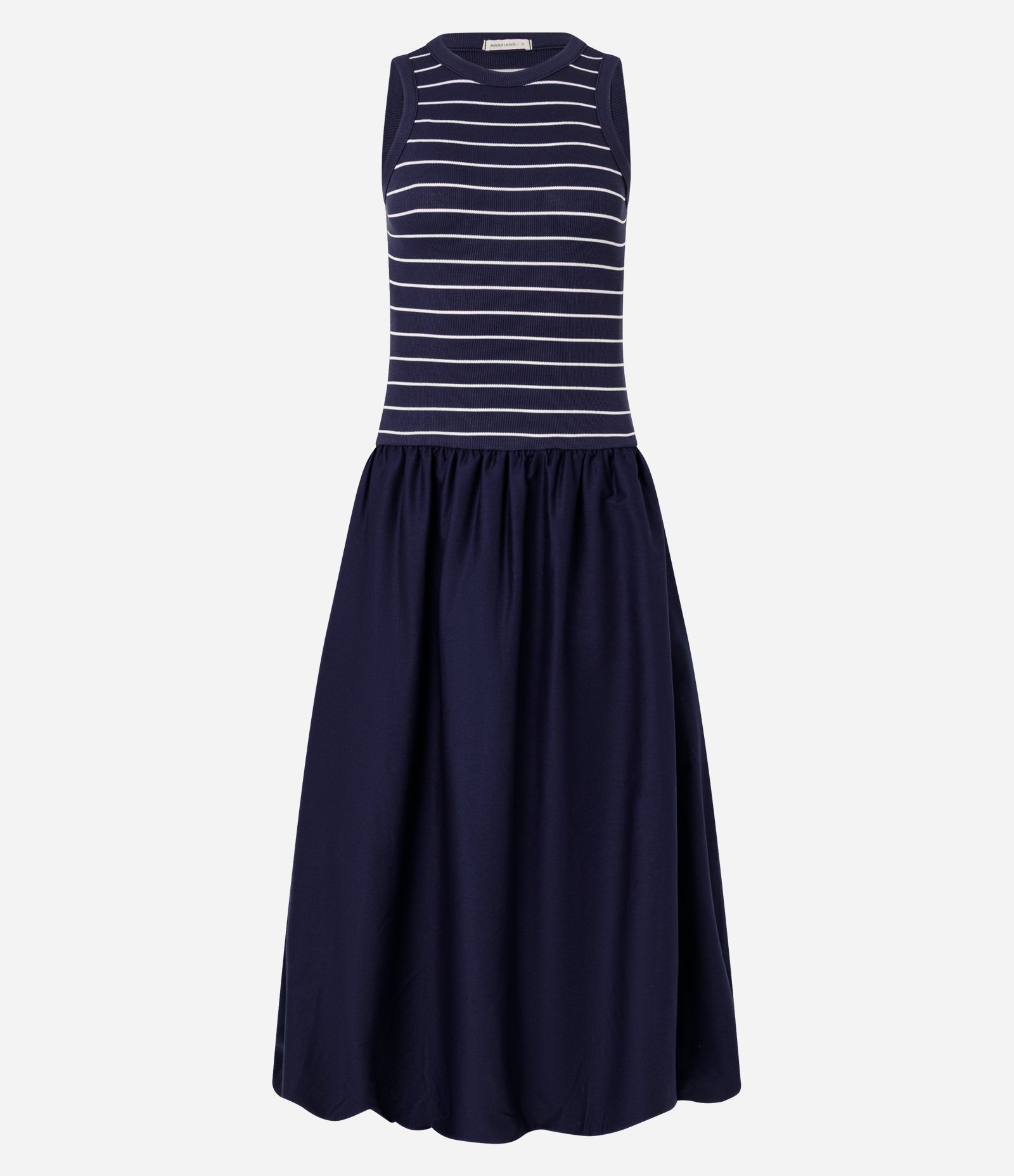 Vestido Balonê Midi Listrado em Ribana e Tricoline Azul Marinho 5