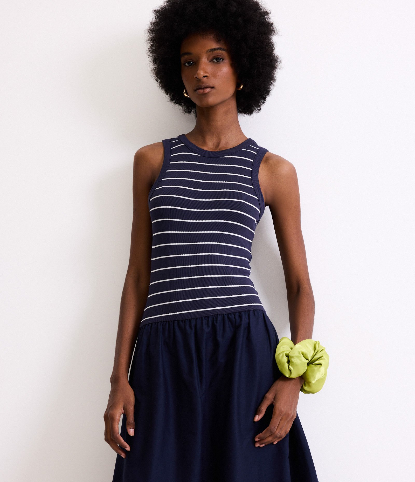 Vestido Balonê Midi Listrado em Ribana e Tricoline Azul Marinho 2