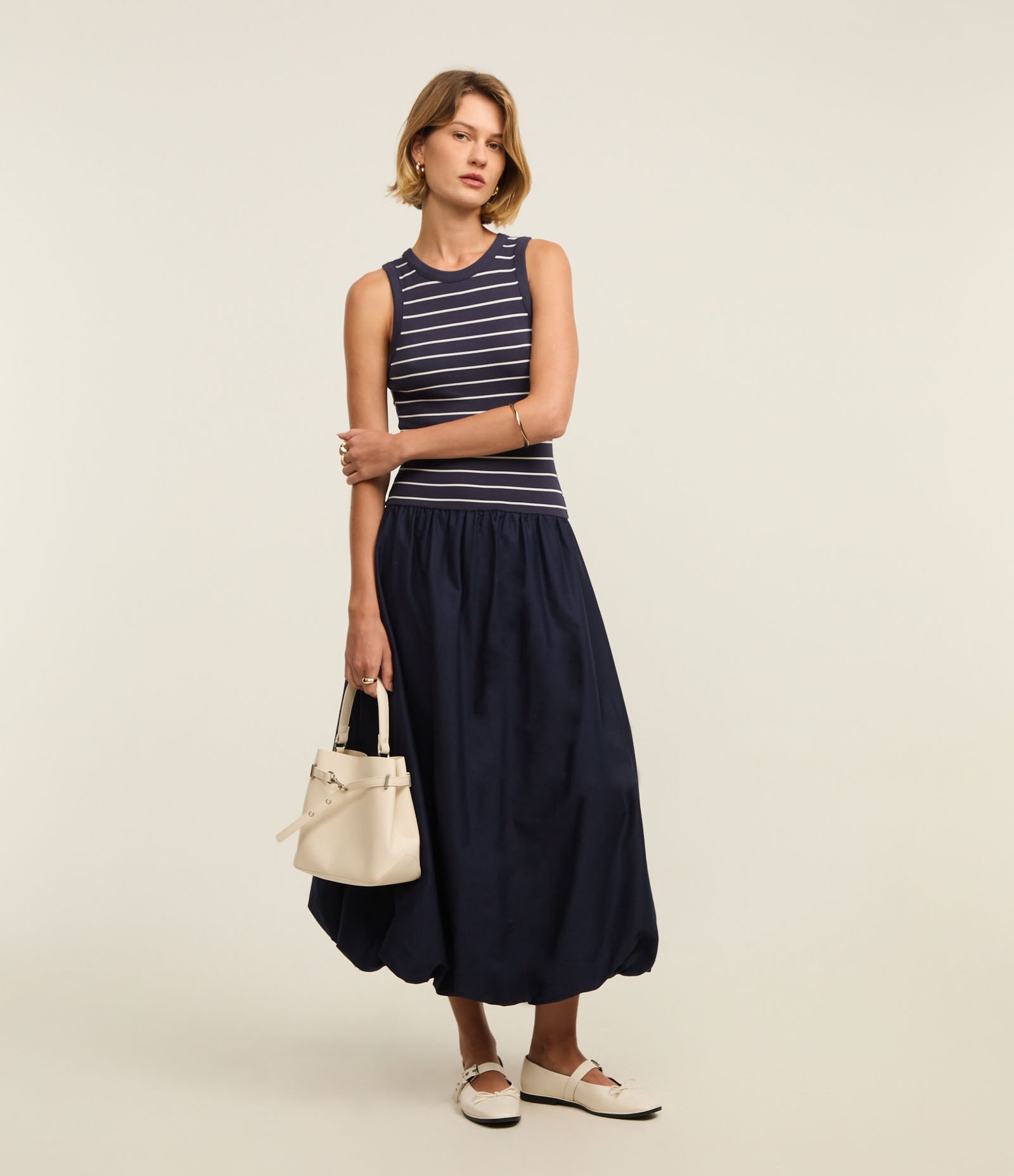 Vestido Balonê Midi Listrado em Ribana e Tricoline Azul Marinho 2