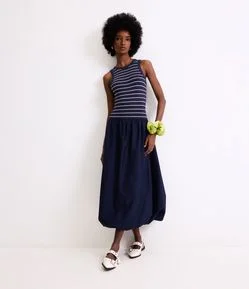 Vestido Balonê Midi Listrado em Ribana e Tricoline