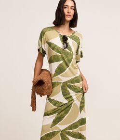 Vestido Reto Midi em Viscolycra com Estampa Folhagem