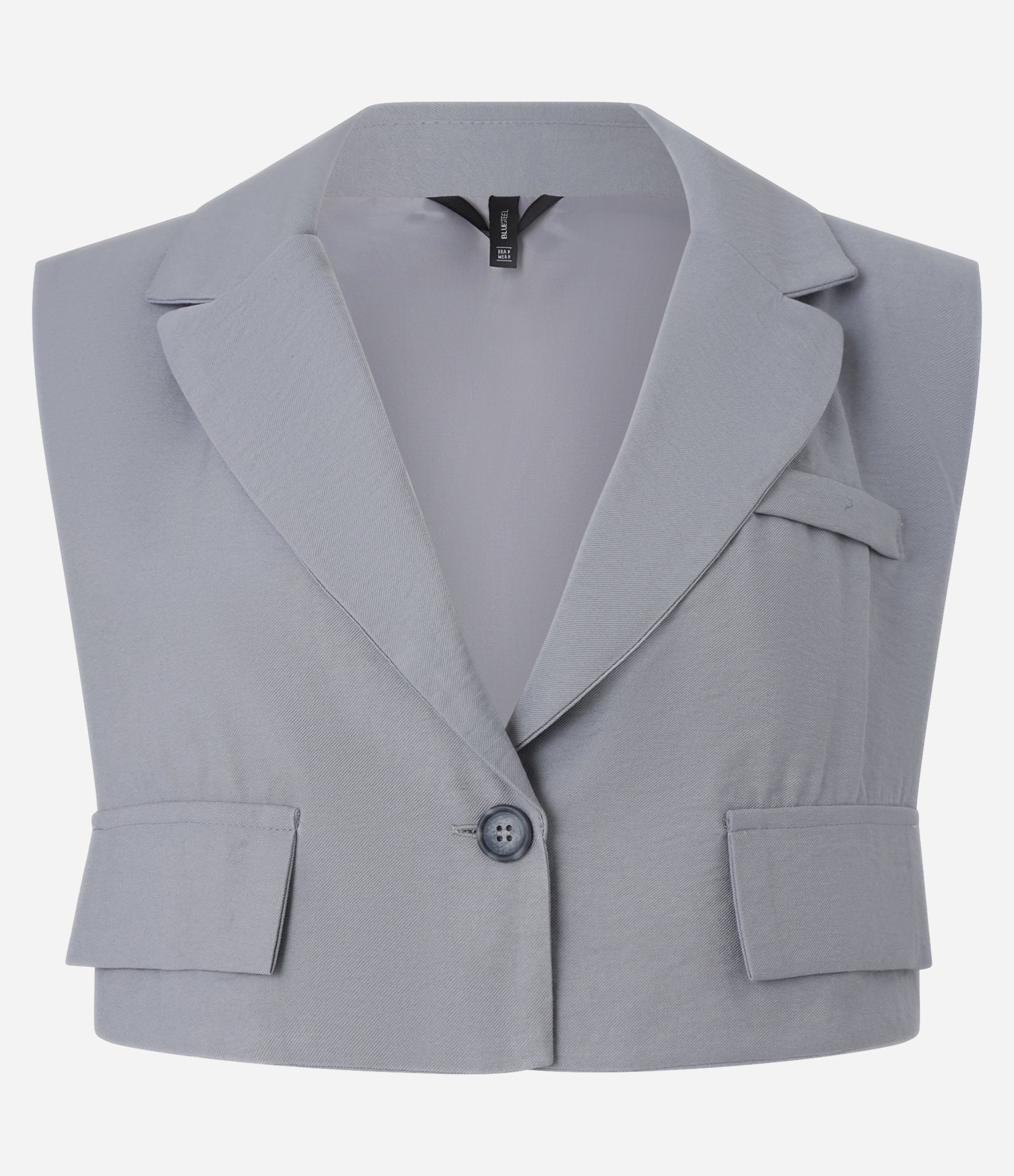 Colete Cropped Alfaiataria em Viscose com Gola Blazer e Lapelas Cinza 3