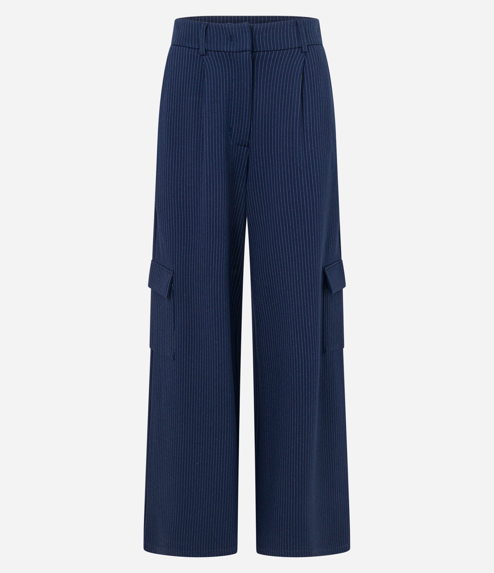 Calça Reta Cintura Baixa em Ponto Roma com Listras de Fio Tinto Azul Marinho 7