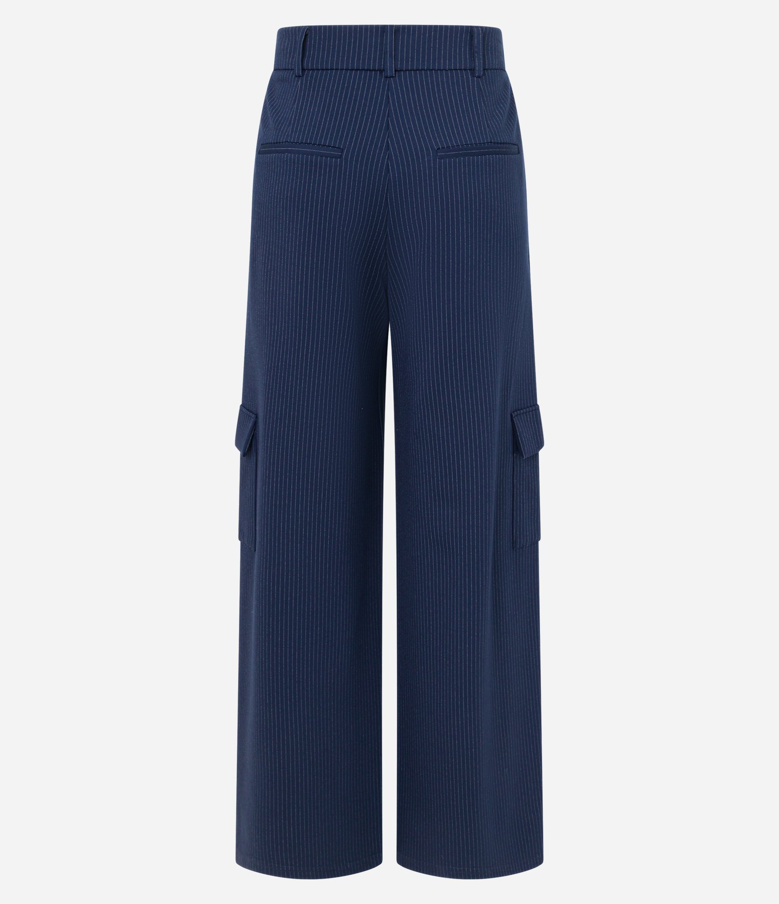 Calça Reta Cintura Baixa em Ponto Roma com Listras de Fio Tinto Azul Marinho 8