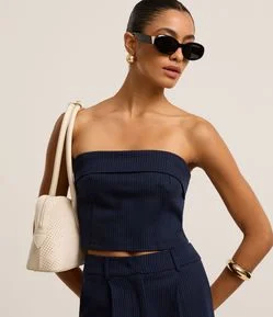 BLusa Cropped Ajustada Sem Alça em Ponto Roma Listrado