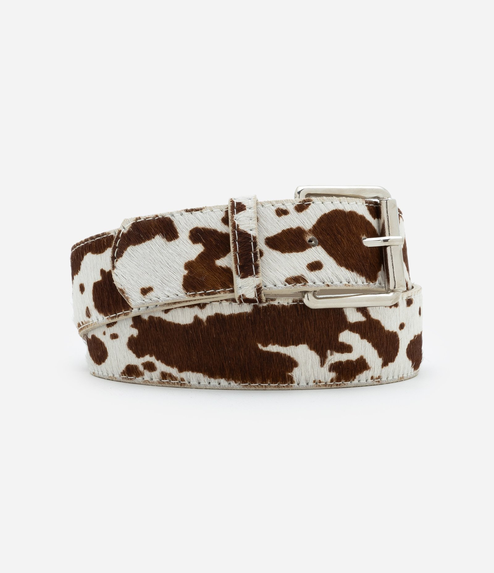 Cinto Médio em Couro com Estampa Animal Print de Vaquinha Branco/Preto 1
