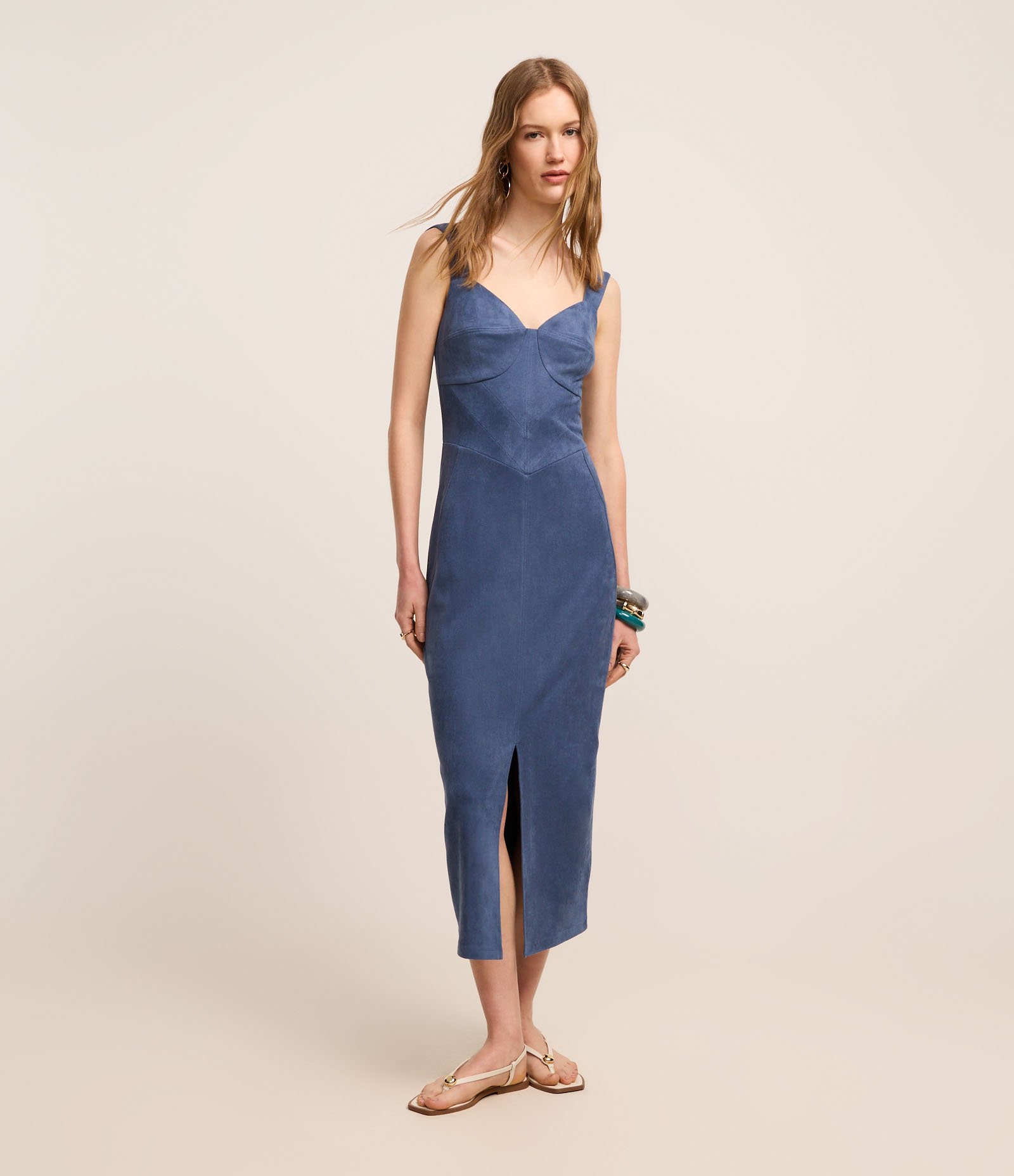 Vestido Boho New Midi em Suede com Fenda na Barra Azul 1