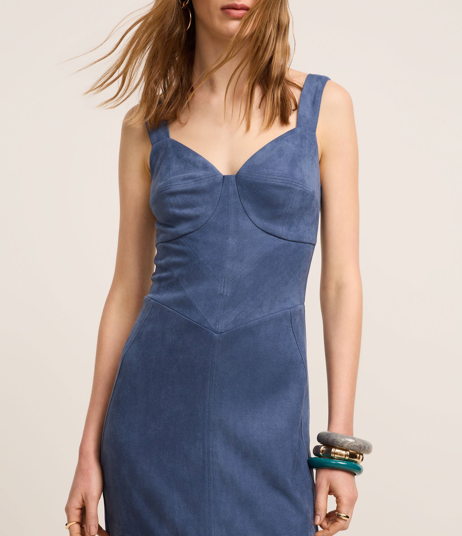 Vestido Boho New Midi em Suede com Fenda na Barra Azul 4