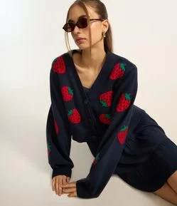 Cardigan Jacquard com Moranguinhos e Botões Frontais