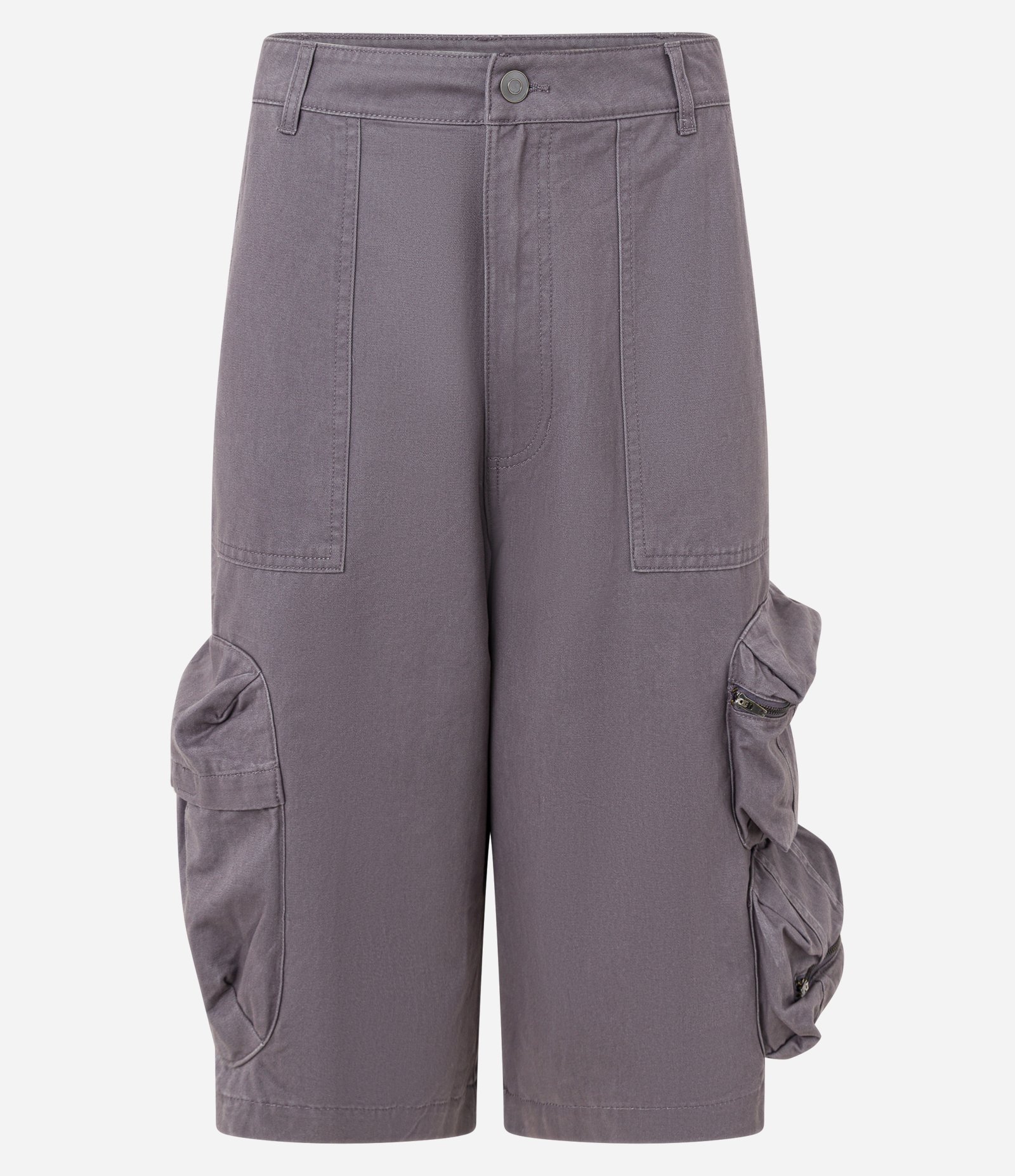 Bermuda Super Baggy em Sarja Bolso Cargo com Fechamento em Zíper Cinza 5