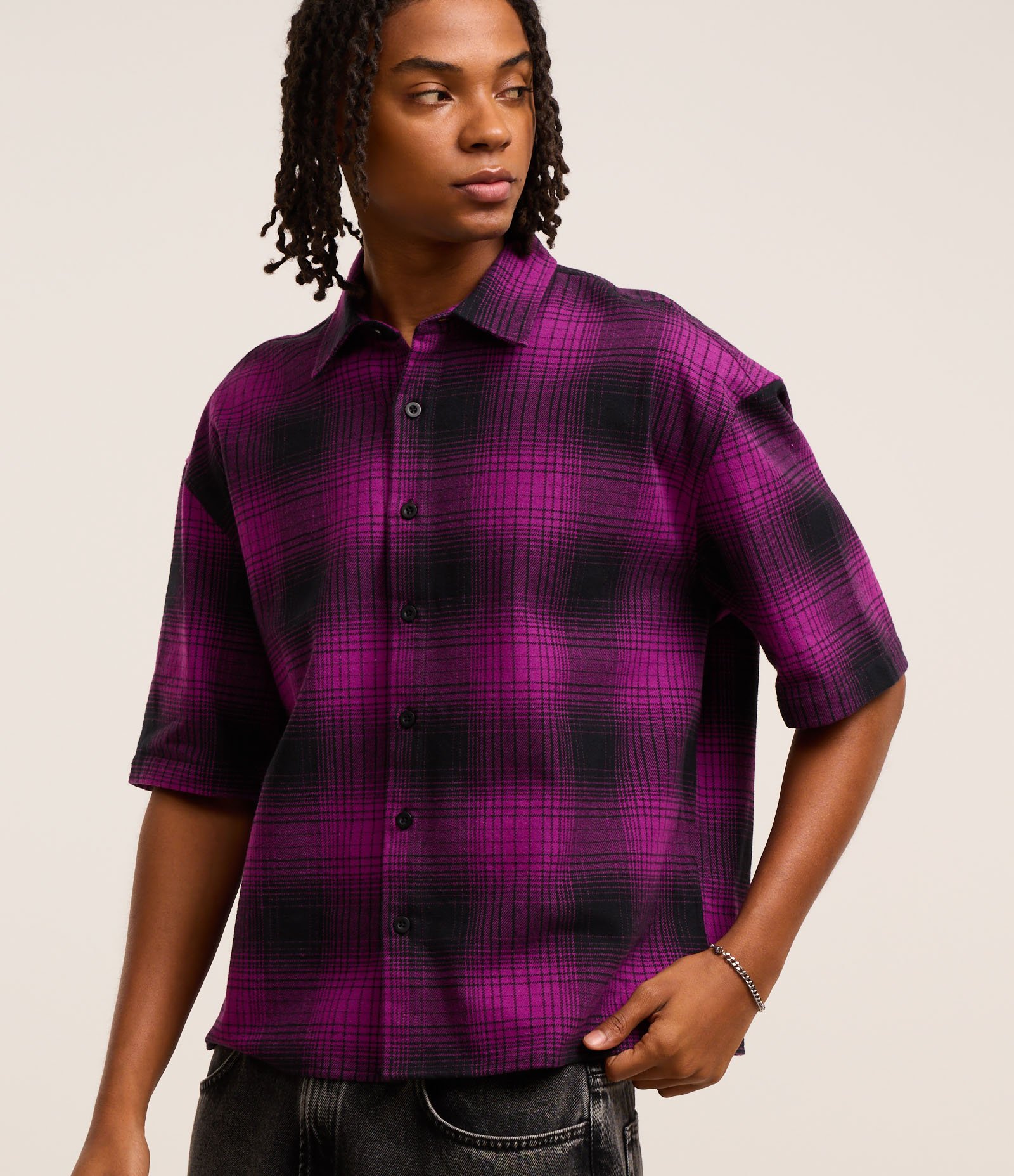 Camisa Oversized em Flanela com Estampa Xadrez Roxo 1