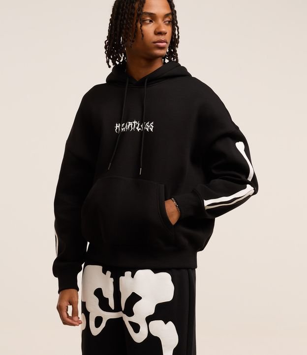 Casaco Boxy em Fleece com Felpa com Estampa Lettering e Patch de Esqueleto