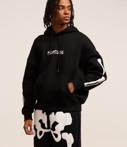 Casaco Boxy em Fleece com Felpa com Estampa Lettering e Patch de Esqueleto
