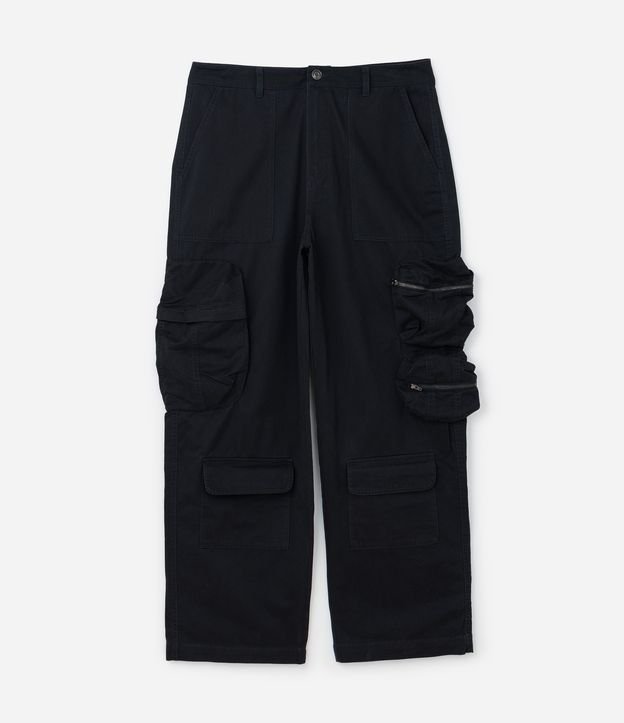 Calça Super Baggy em Sarja com Bolso Cargo com Fechamento por Zíper