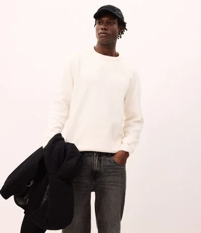 Suéter Básico em Fleece com Felpa Texturizado Off White