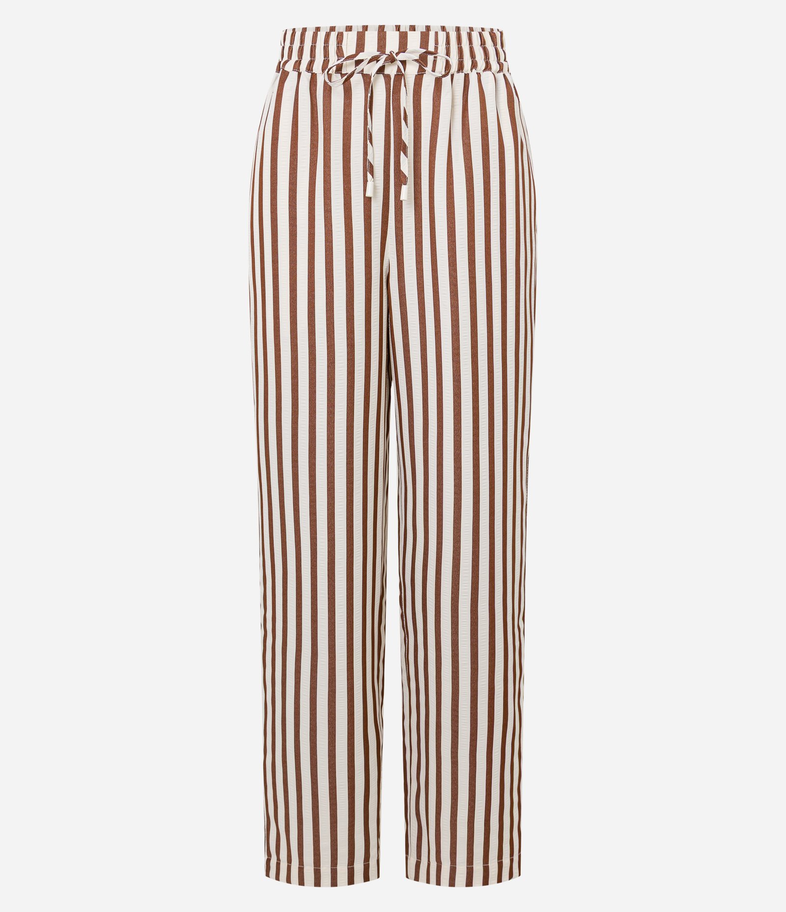 Calça Fluída Anarruga Listrada com Cós Elástico Marrom 5