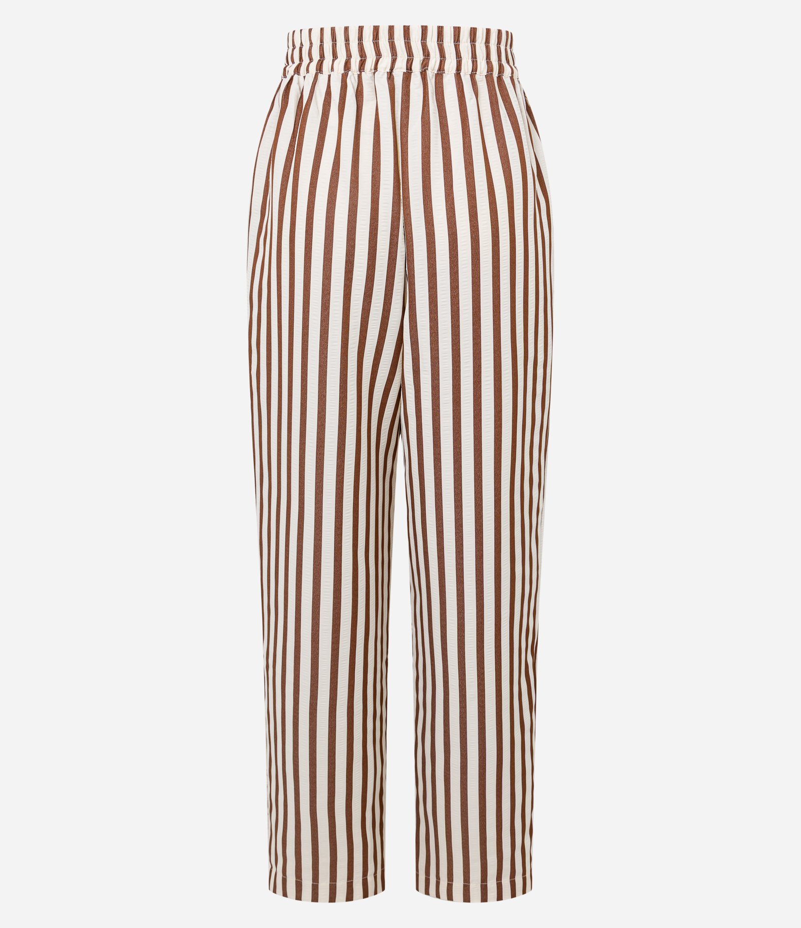 Calça Fluída Anarruga Listrada com Cós Elástico Marrom 6