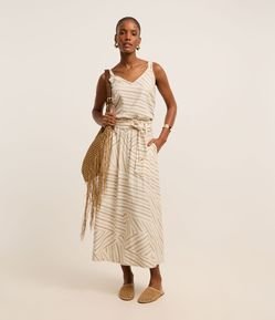 Saia Evasê Midi em Viscolinho com Listras e Amarração