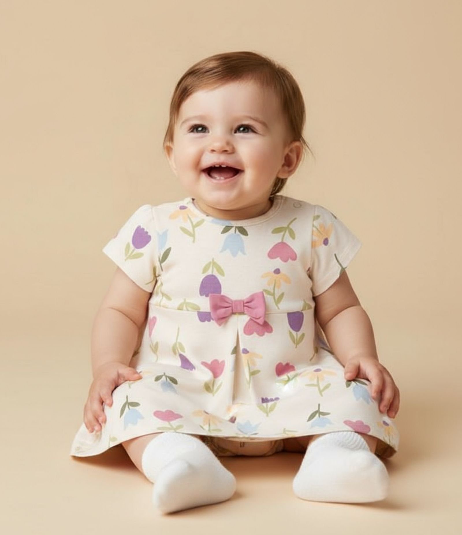 Vestido Infantil com Lacinho e Estampa Tulipas - Tam 0 a 18 meses Bege 1