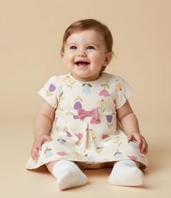 Vestido Infantil com Lacinho e Estampa Tulipas - Tam 0 a 18 meses
