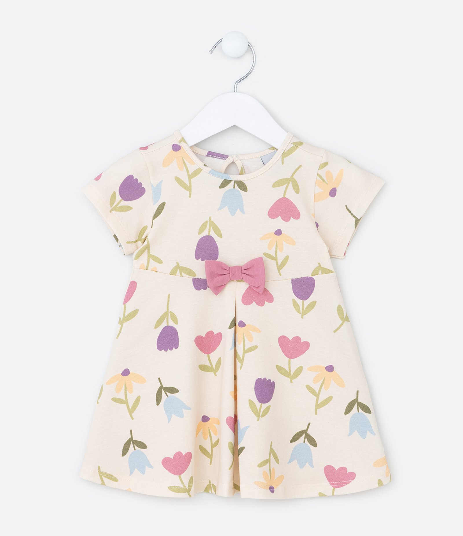 Vestido Infantil com Lacinho e Estampa Tulipas - Tam 0 a 18 meses Bege 2