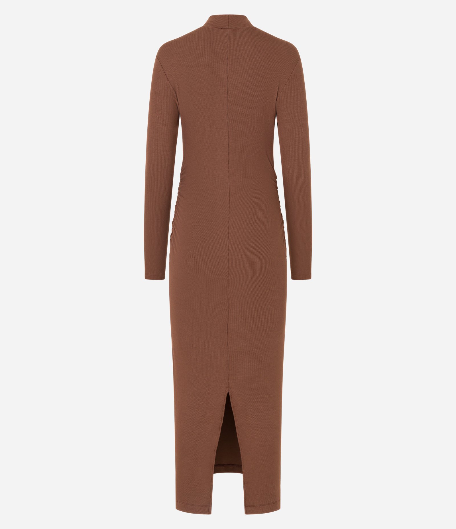 Vestido Reto Midi em Ribana com Franzido Lateral Marrom 10