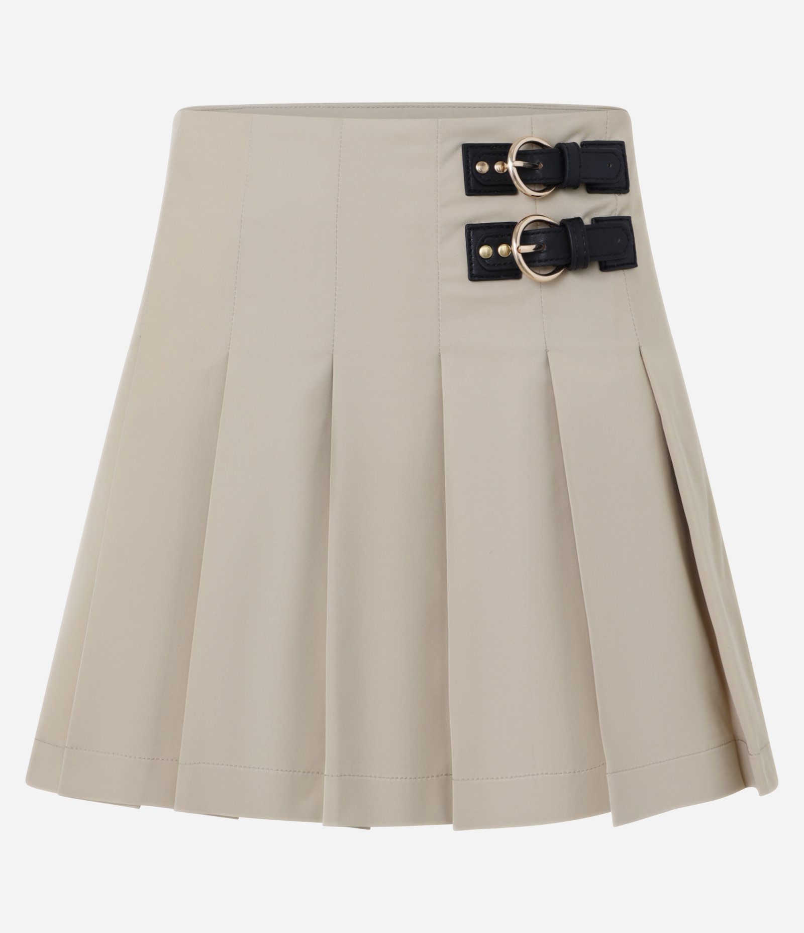 Saia Evasê Curta em Alfaiataria com Cintinhos e Fivela na Lateral Bege 5