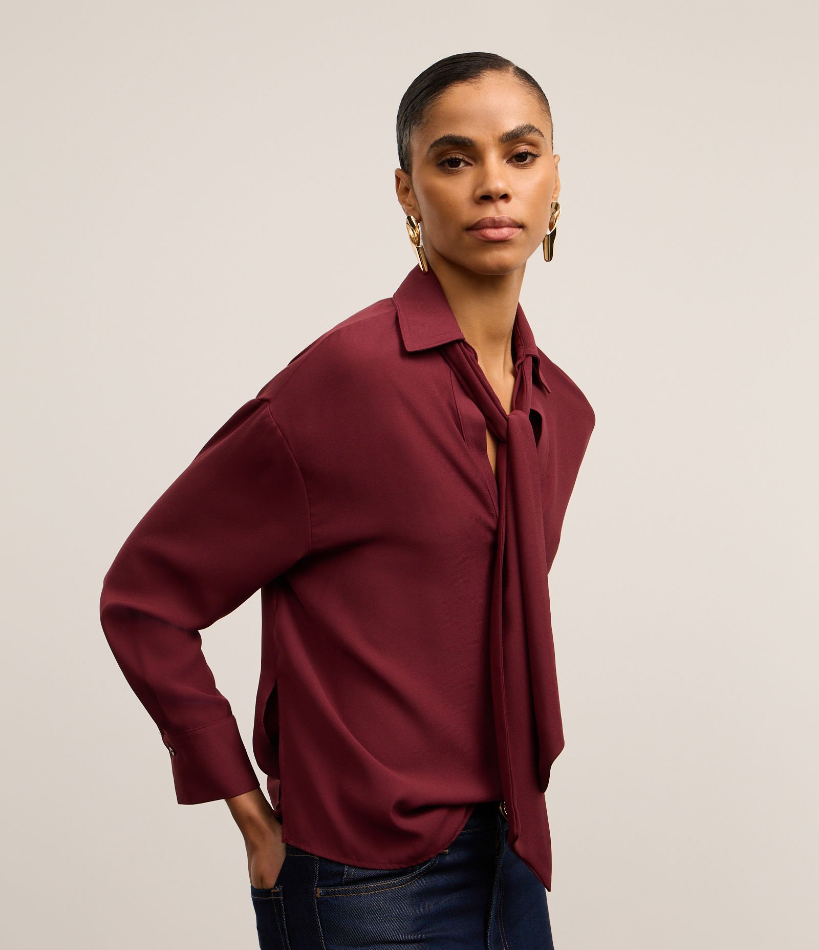 Camisa em Crepe com Gola Laço e Manga Longa Vinho 3