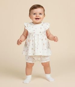 Conjunto Infantil com Babadinho e Estampa Floral - Tam 0 a 18 meses