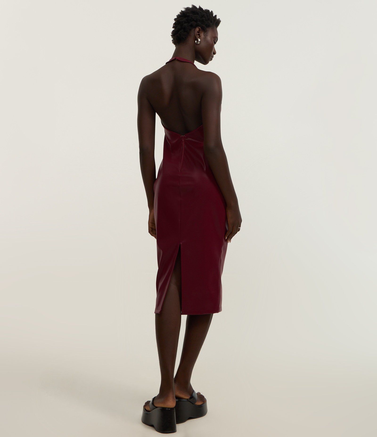 Vestido New Midi em Pu Frente única com Fenda Vermelho 7