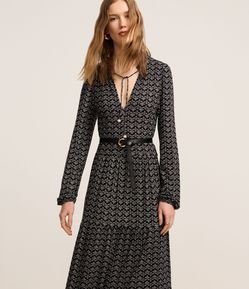 Vestido Evasê Midi em Viscose com Frufru e Estampa Floral