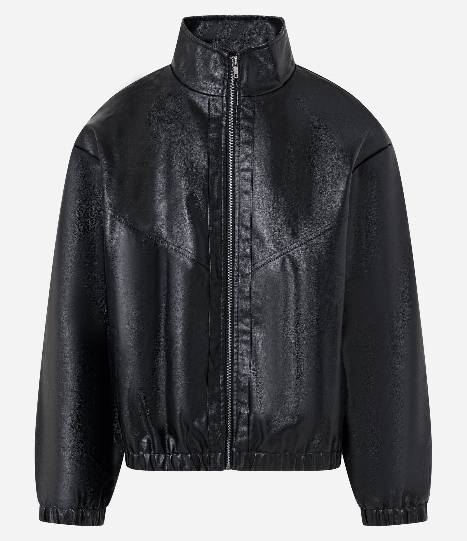 Jaqueta Boxy em Material Sintético com Gola Alta e Recortes Preto 10
