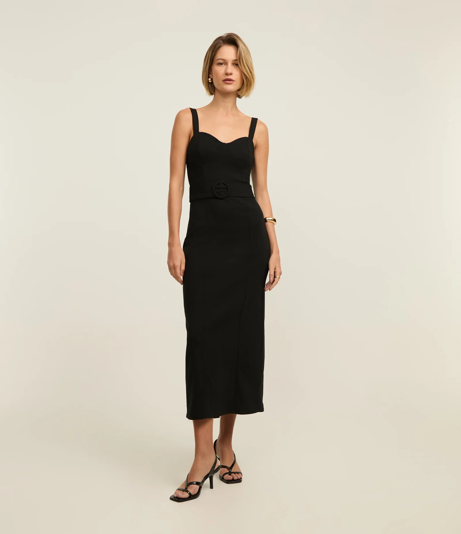 Vestido Long Midi em Bengaline com Cinto de Fivela Forrada Preto 1
