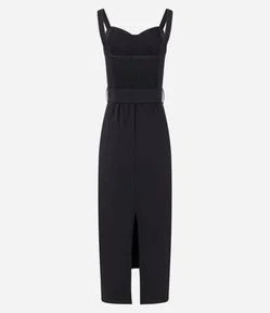 Vestido Long Midi em Bengaline com Cinto de Fivela Forrada