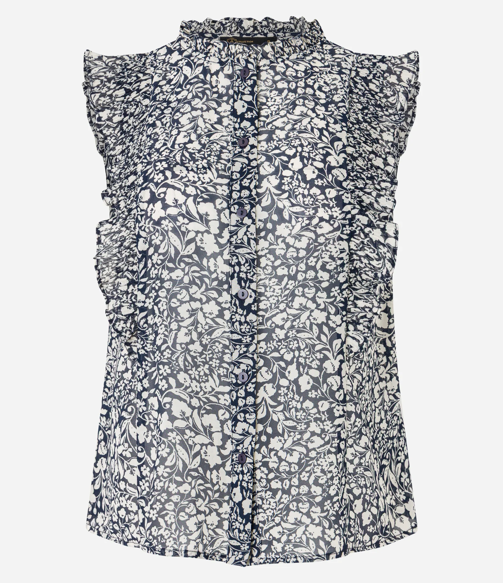 Camisa em Chiffon com Babados e Estampa Floral Arabesco Azul/Branco 6