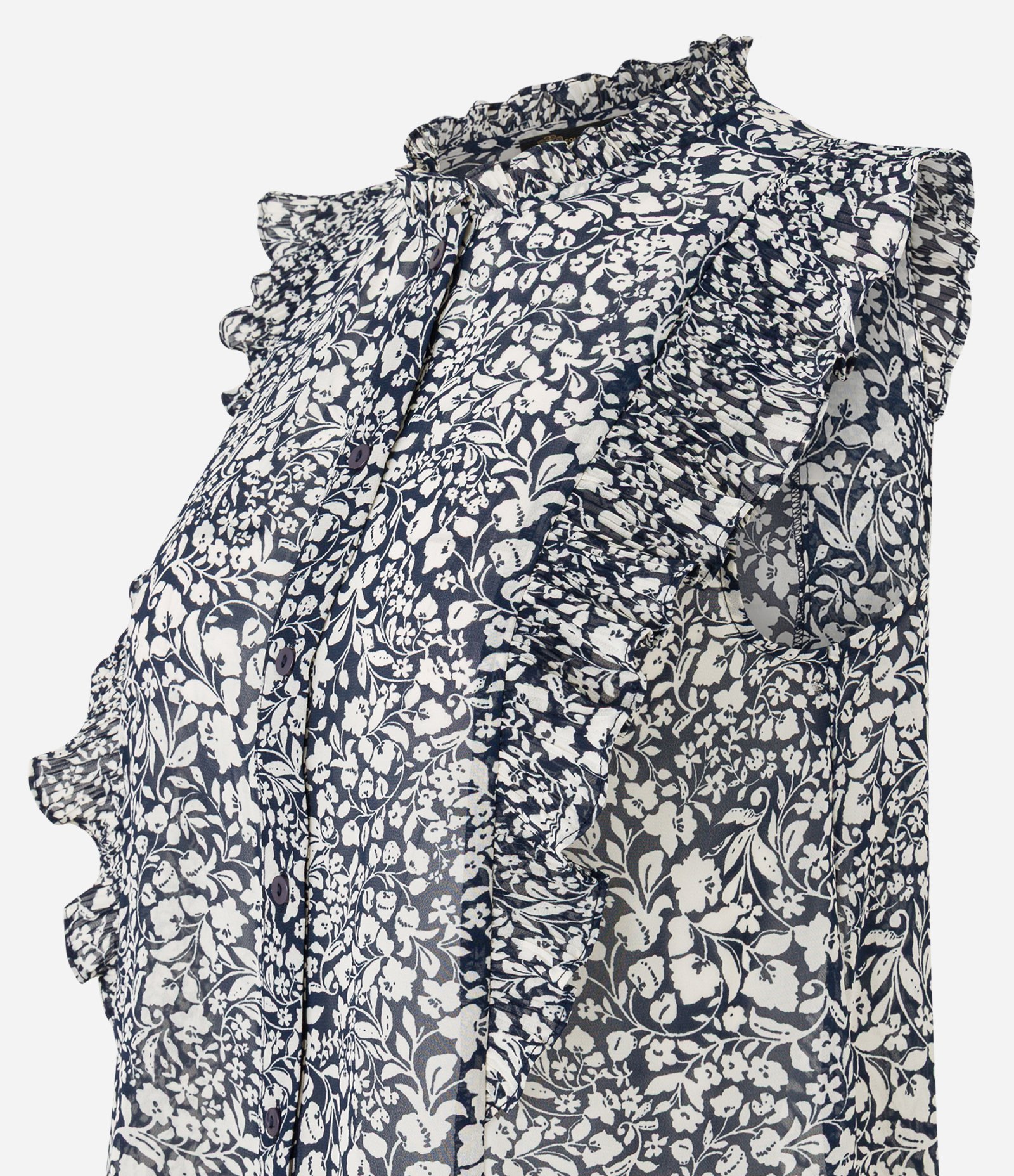 Camisa em Chiffon com Babados e Estampa Floral Arabesco Azul/Branco 7