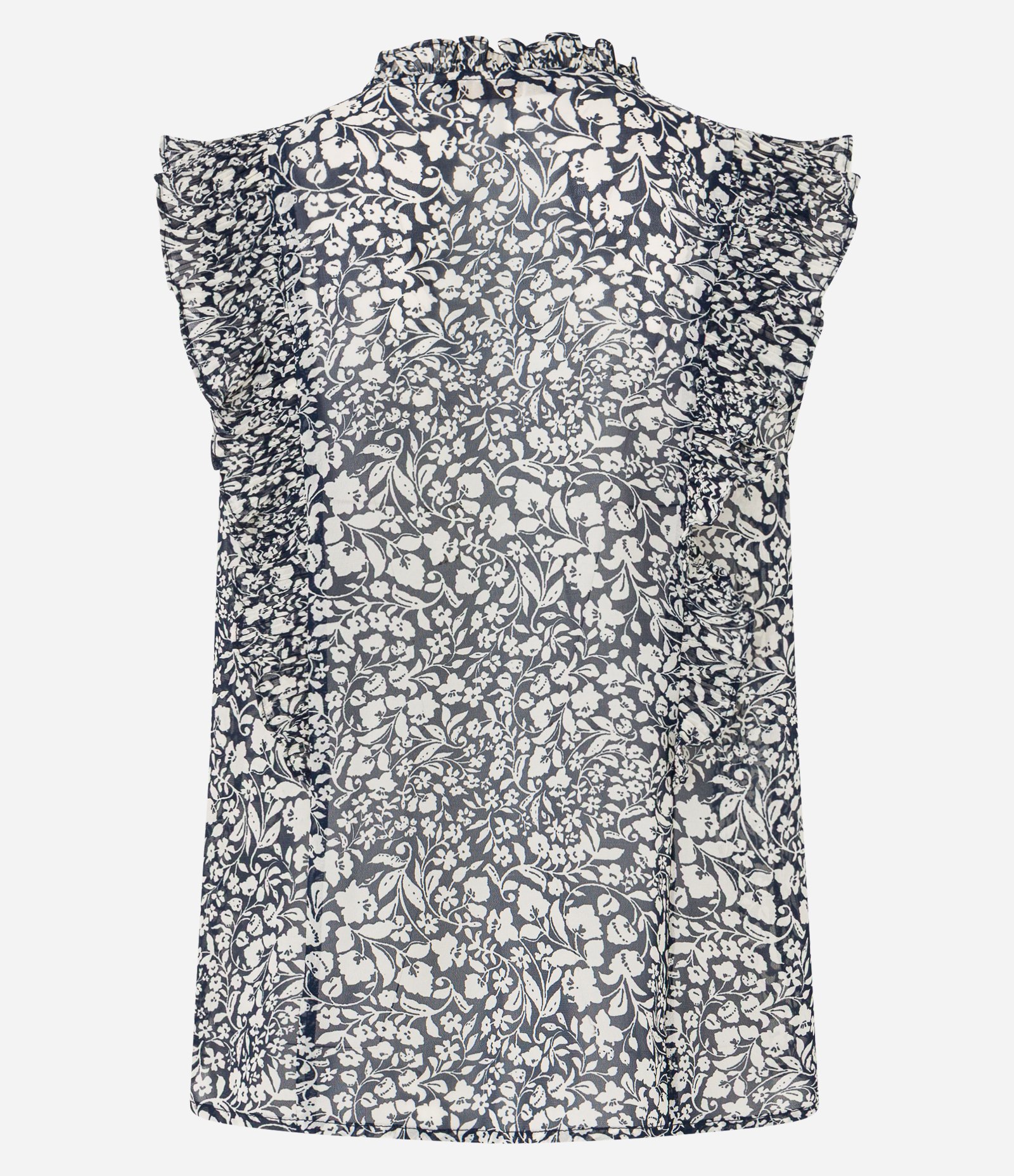 Camisa em Chiffon com Babados e Estampa Floral Arabesco Azul/Branco 8