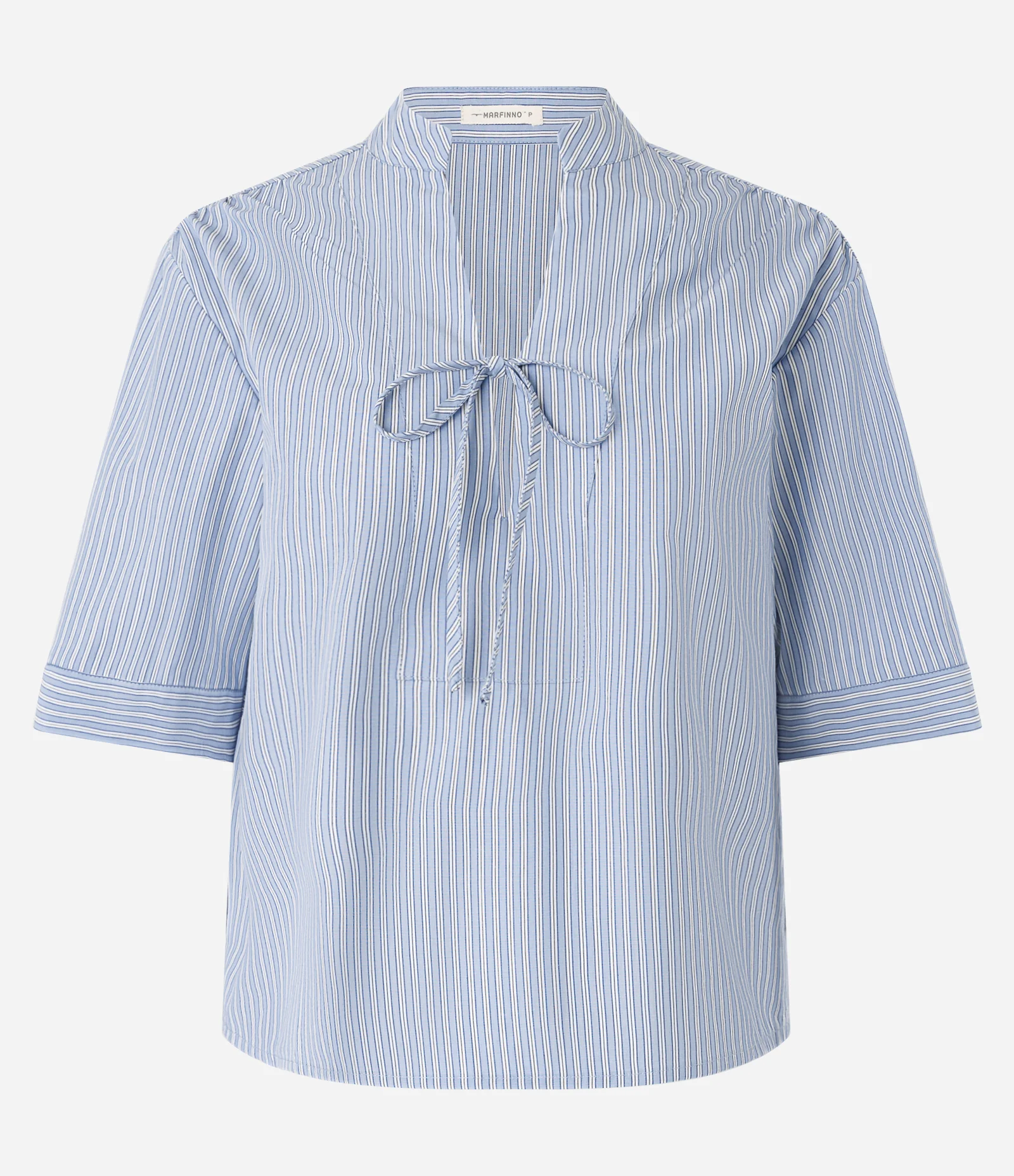 Blusa Listrada em Tricoline com Gola Padre Azul 5