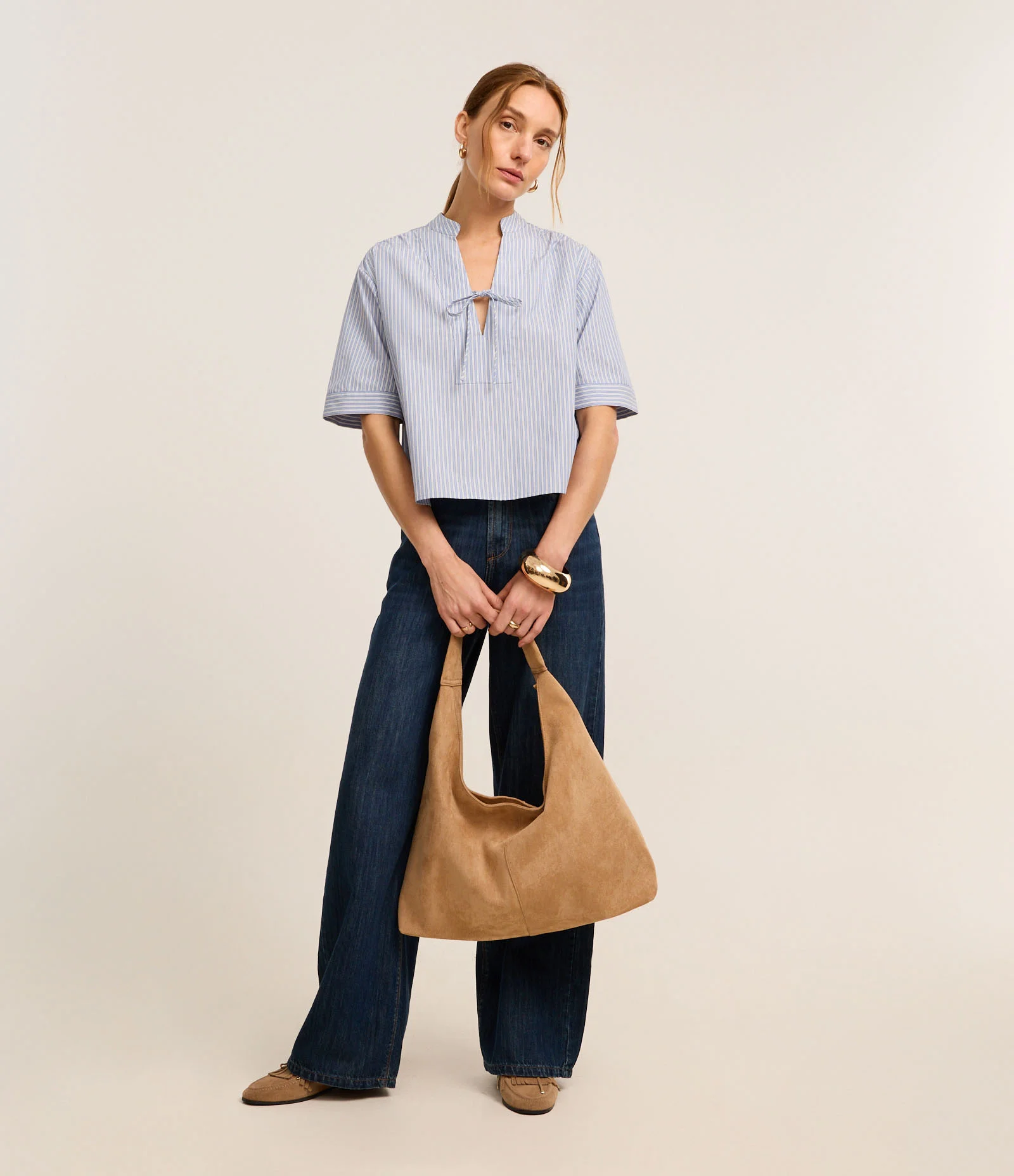 Blusa Listrada em Tricoline com Gola Padre Azul 2