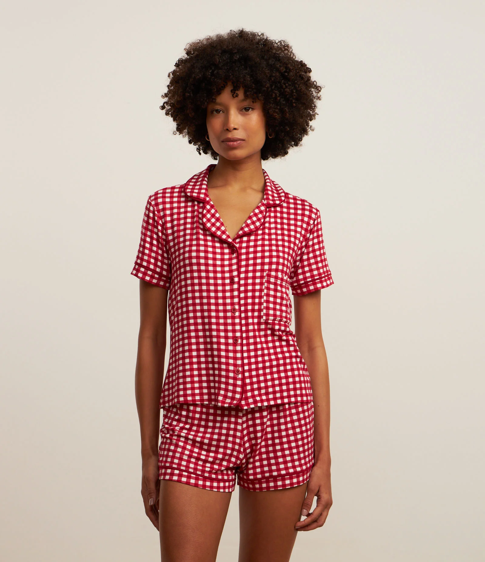 Pijama Americano Short Doll em Viscose Estampada Xadrez Vichy Vermelho 1