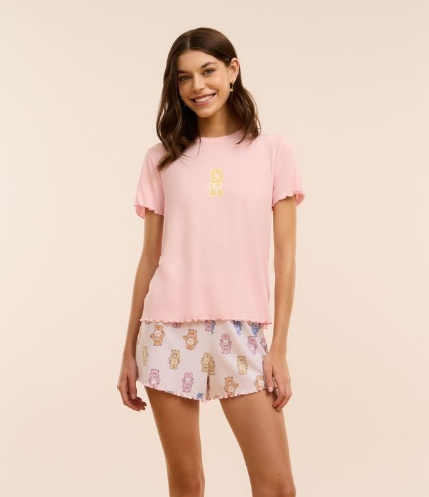 Pijama Short Doll em Viscose com Estampa Ursinhos Carinhosos e Frufru