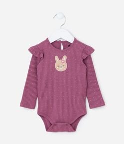 Body Infantil Canelado com Estampa Poá e Ursa - Tam 0 a 18 meses