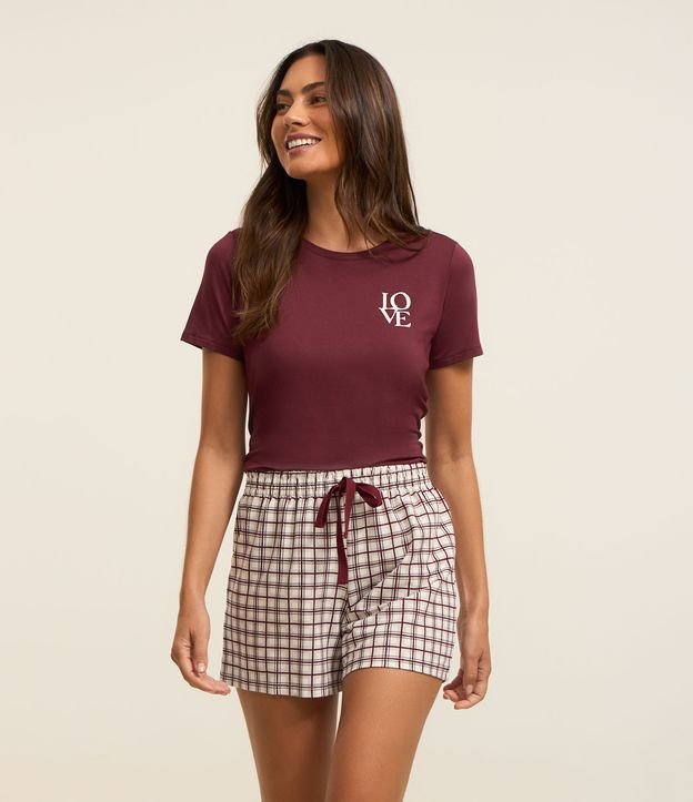 Pijama Curto em Viscose com Estampa Xadrez Grid e Amarração no Cós