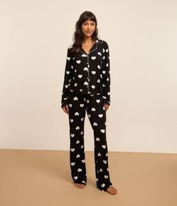 Pijama Americano Longo em Viscose com Estampa Corações