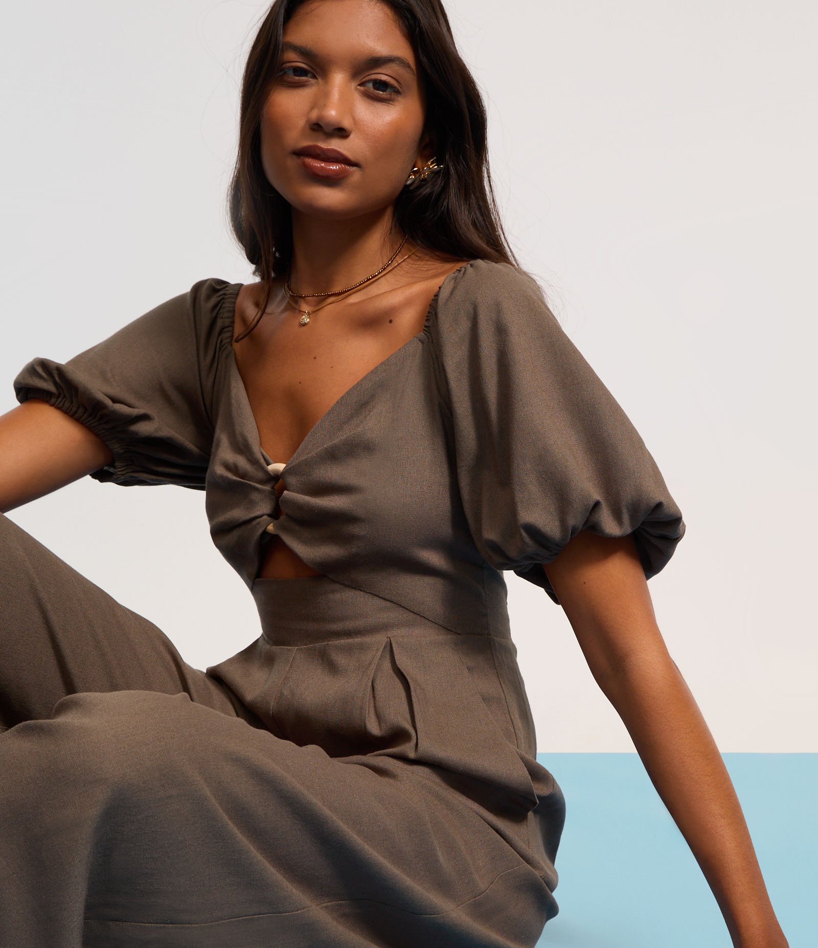 Macacão Longo em Vicose e Linho com Manga Bufante Verde 6