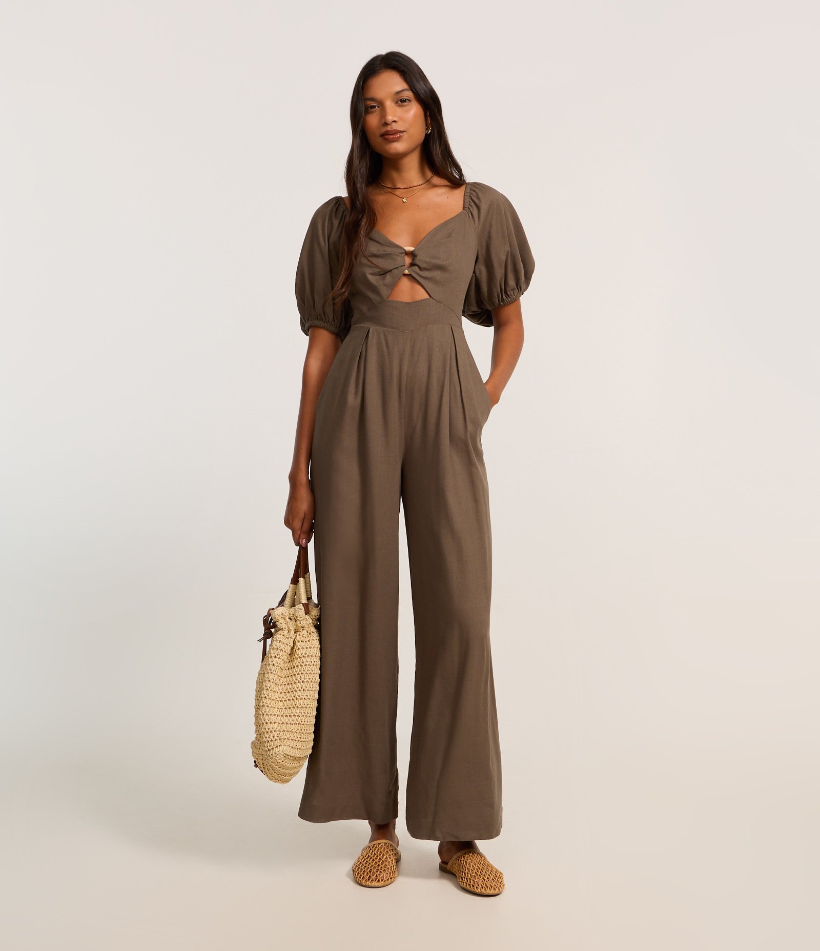 Macacão Longo em Vicose e Linho com Manga Bufante Verde 1